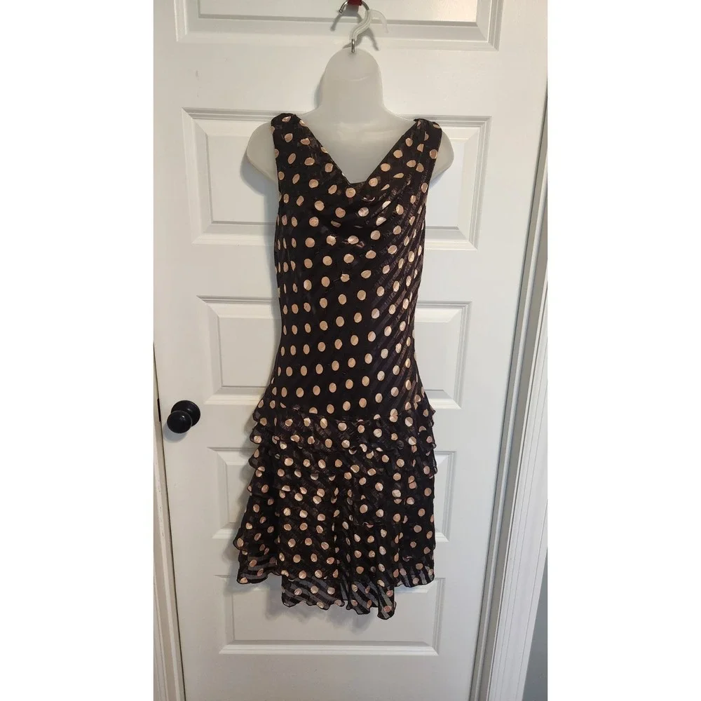 Vtg Joseph Ribkoff Size 8 Brown Polka Dot Sheath Dress Tiered Ruffles Cowl Neck - Picture 2 of 11